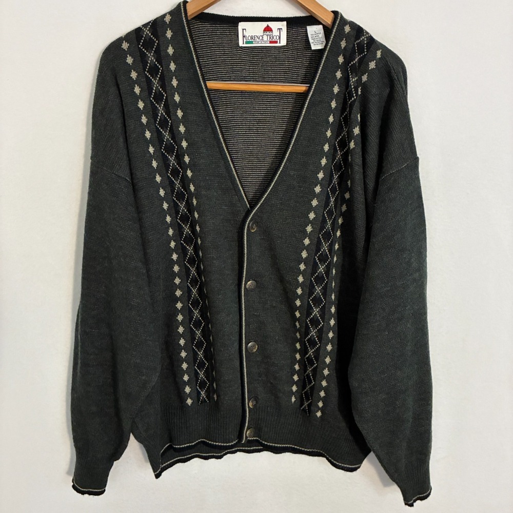 Vtg 90s Florence Tricot Wool Blend Cardigan Sweater Mens L Italy Made Rockabilly